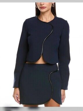 Amanda Uprichard Andie Jacket Navy Blue Leather Trim Cropped Sz M